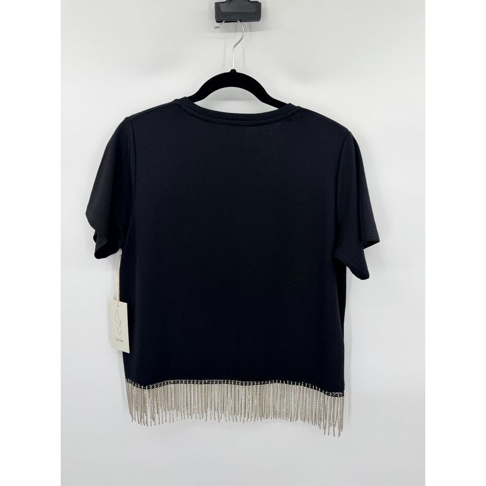 Joie Black Rhinestone Crystal Fringe Hem T Shirt Size Medium Party Going Out